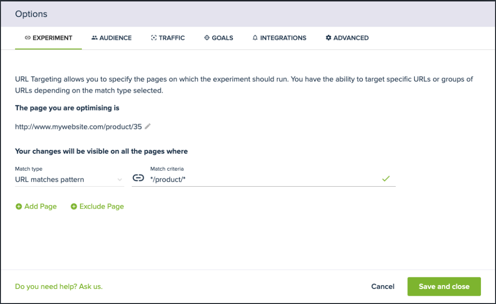 URL Targeting - URL Matches Pattern